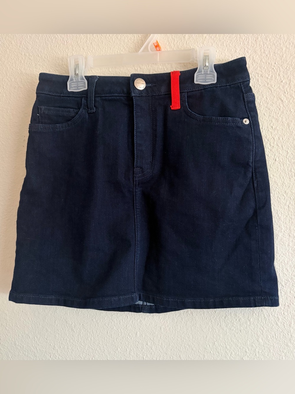 Current/Elliott Dark Blue Denim Mini Skirt with Red Pocket Accent